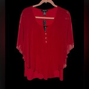ADELE & MAY 1X RED TOP WITH RHINESTONE BUTTONS AND‎ SHEER  NWT